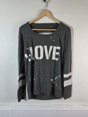 Chaser Love Graphic Sweatshirt Womens M Gray Open Back Paint Splatter Pullover